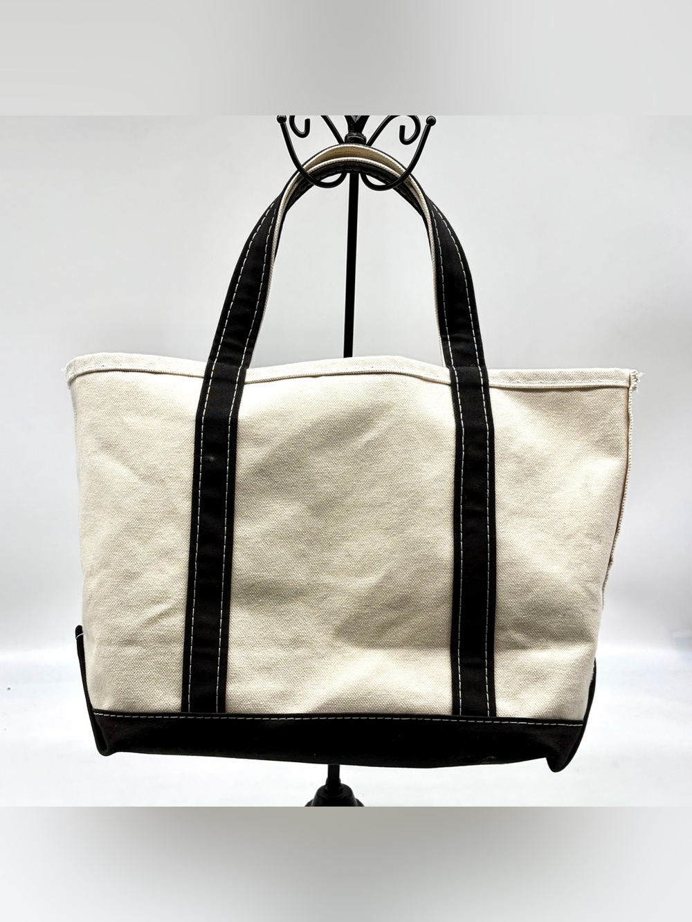 L.L. Bean USA Vintage Cream Canvas Tote Bag Duffel with Black Trim Medium